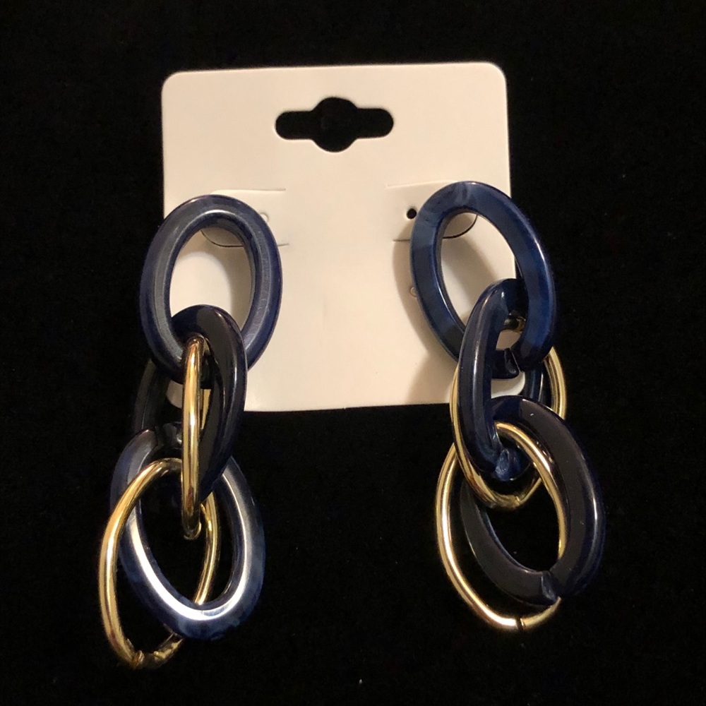 Navy Blue and Gold Tone Chain Link Earrings